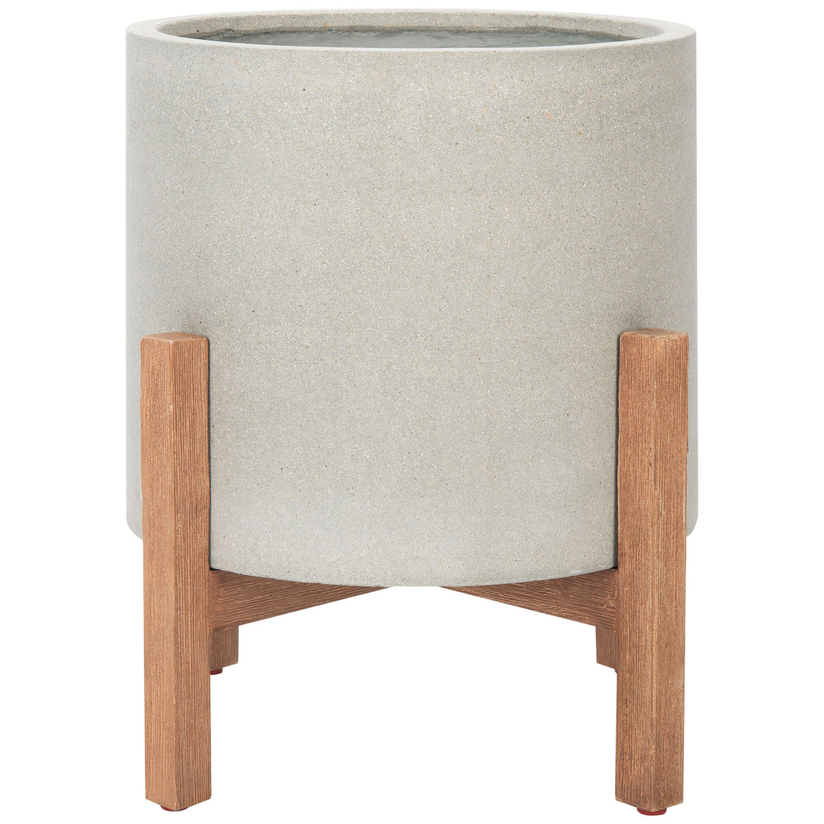 A light gray cylinder rests above a wood-grain cross brace on a raised stand. || PAT1514B || side_studio