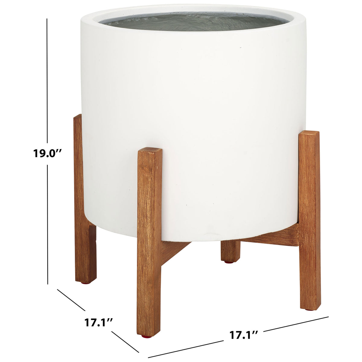 The white planter stands 19 inches high with a 17.1-inch-wide footprint and wood-toned legs. || PAT1514C || dimension_studio