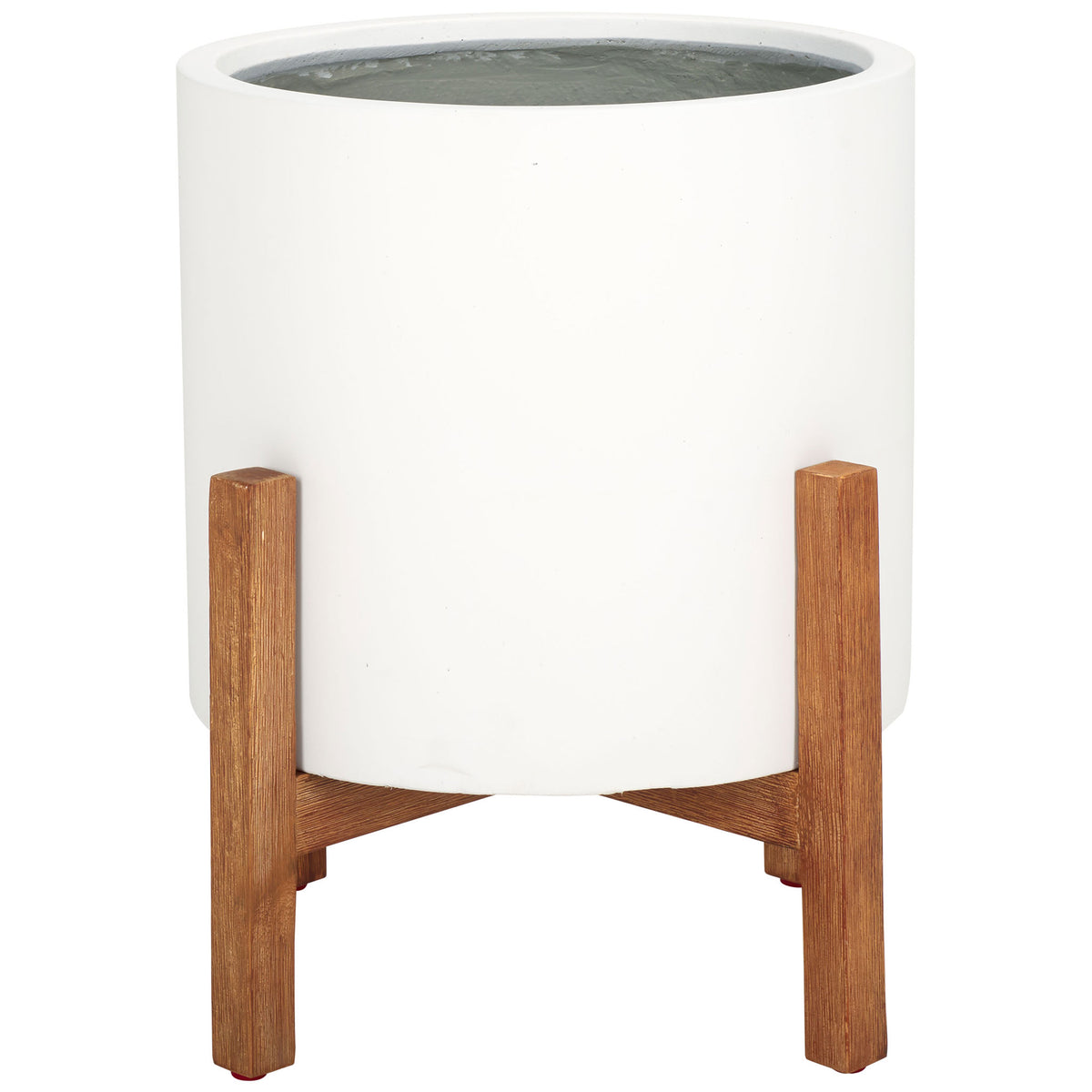 A crisp white cylindrical planter rises above warm wood-grain legs and crossed supports. || PAT1514C || front_studio