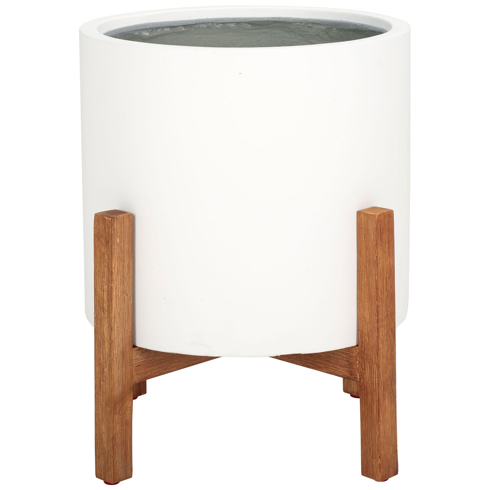A crisp white cylindrical planter rises above warm wood-grain legs and crossed supports. || PAT1514C || front_studio