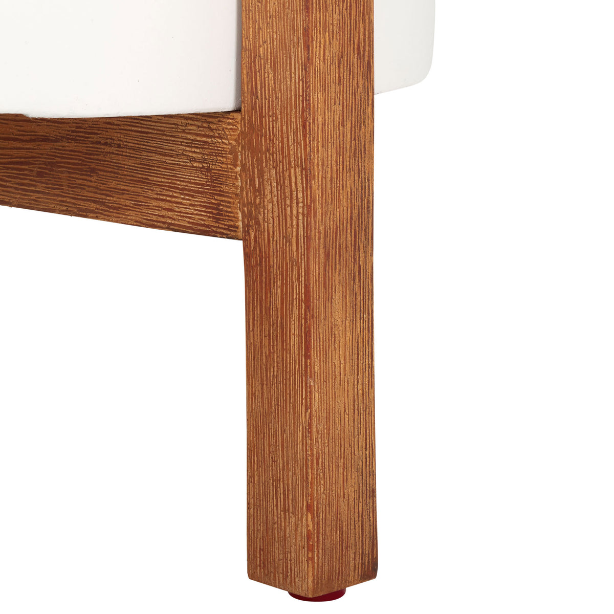A textured wood-toned leg and connecting brace give the white pot a warm, elevated base. || PAT1514C || leg_studio