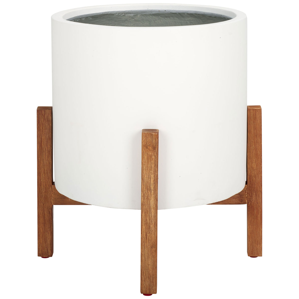 A smooth white pot is cradled by wood-toned uprights with an airy raised base. || PAT1514C || side_studio