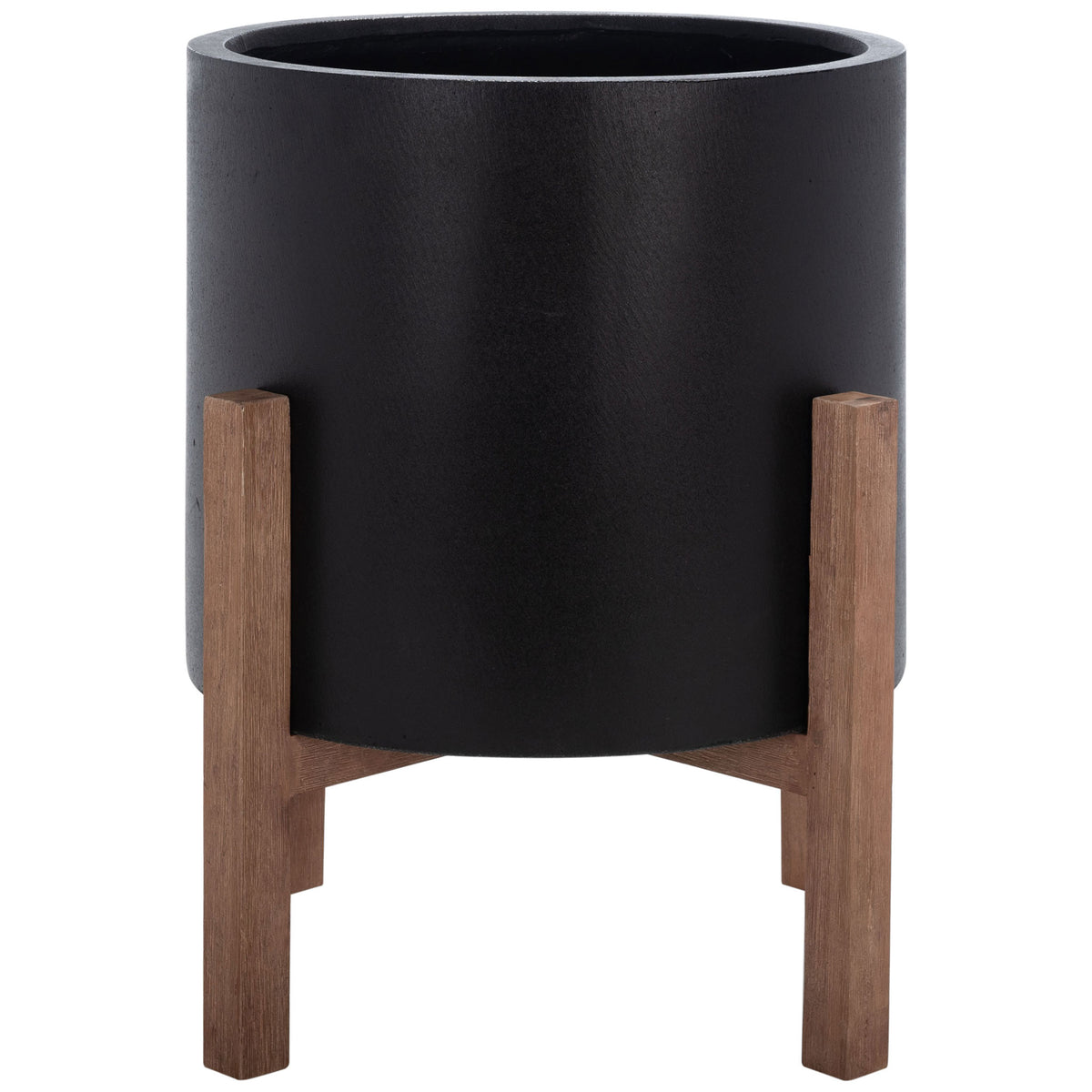 A large matte black planter lifts a roomy cylindrical vessel on a warm wood-grain frame.