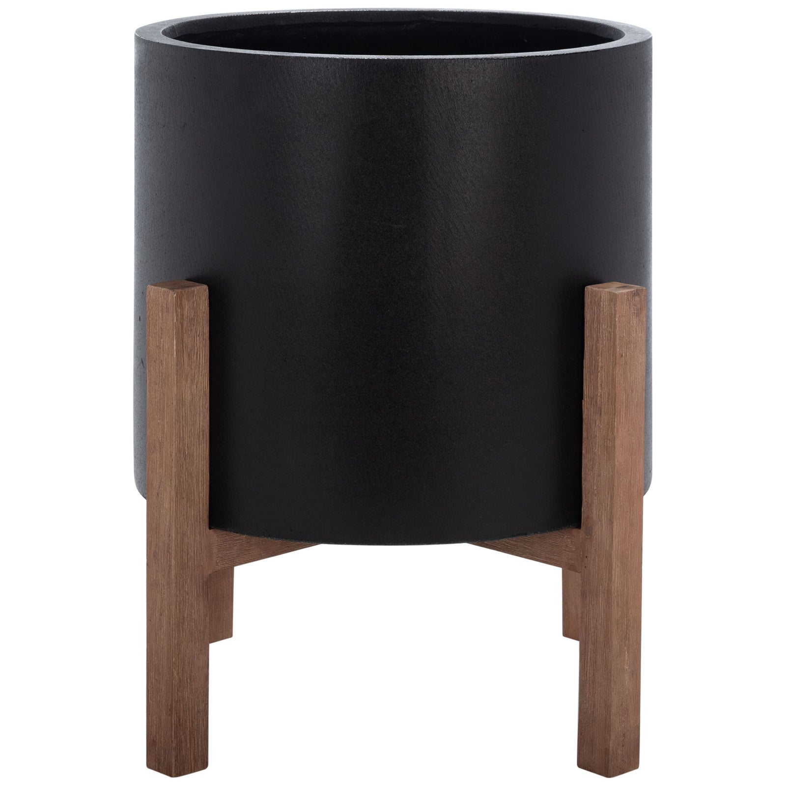 A large matte black planter lifts a roomy cylindrical vessel on a warm wood-grain frame. || PAT1515A || front_studio