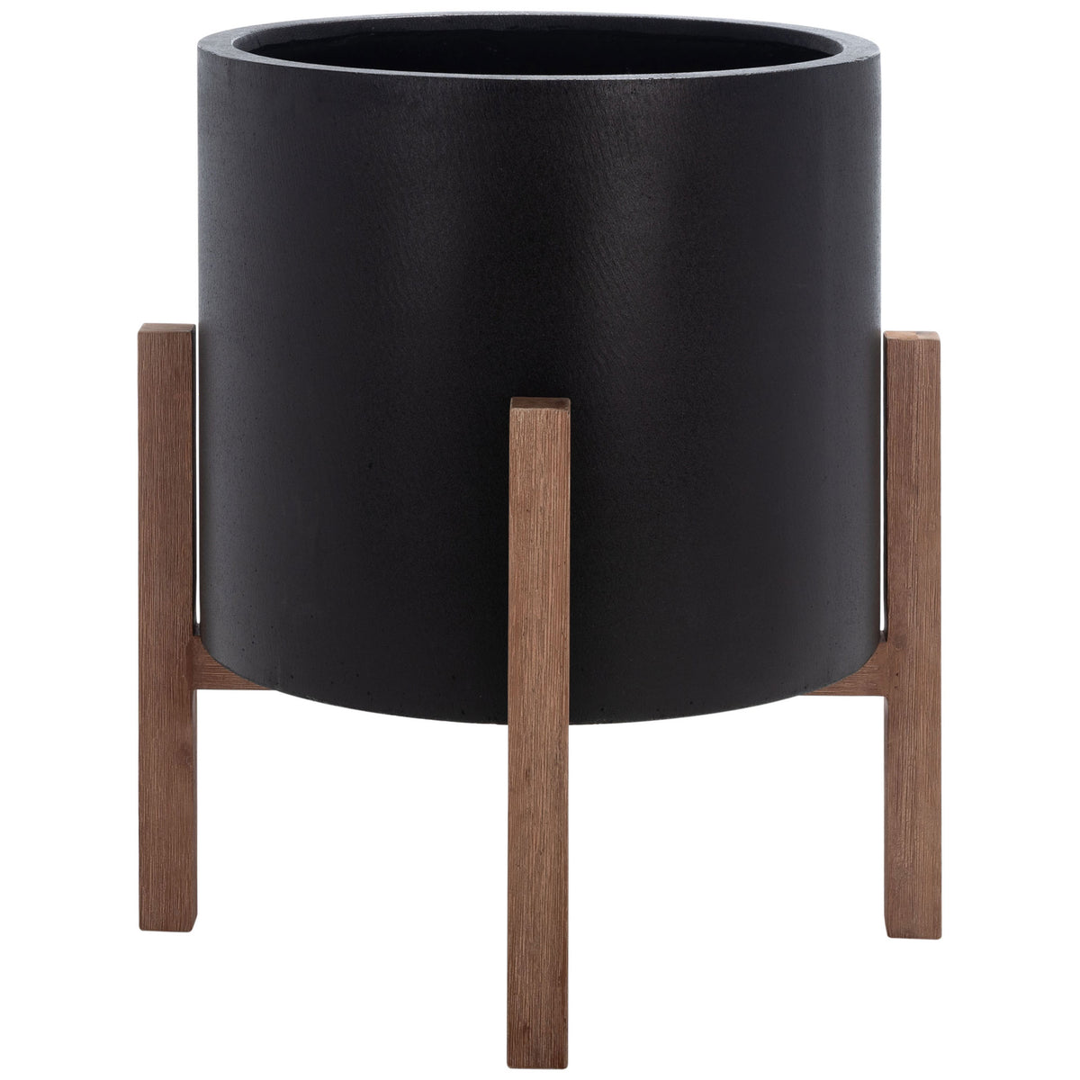 A black cylindrical planter stands above intersecting wood-toned braces and upright legs. || PAT1515A || side_studio