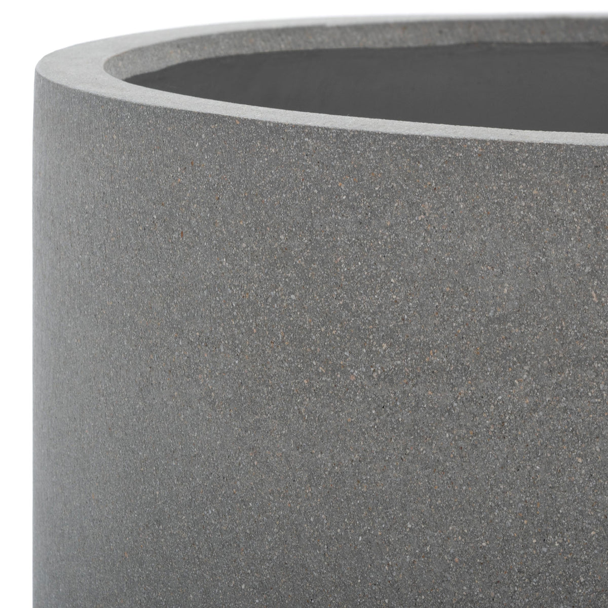Subtle flecks and a broad rounded rim give the gray planter its stone-like appeal. || PAT1515B || detail_studio