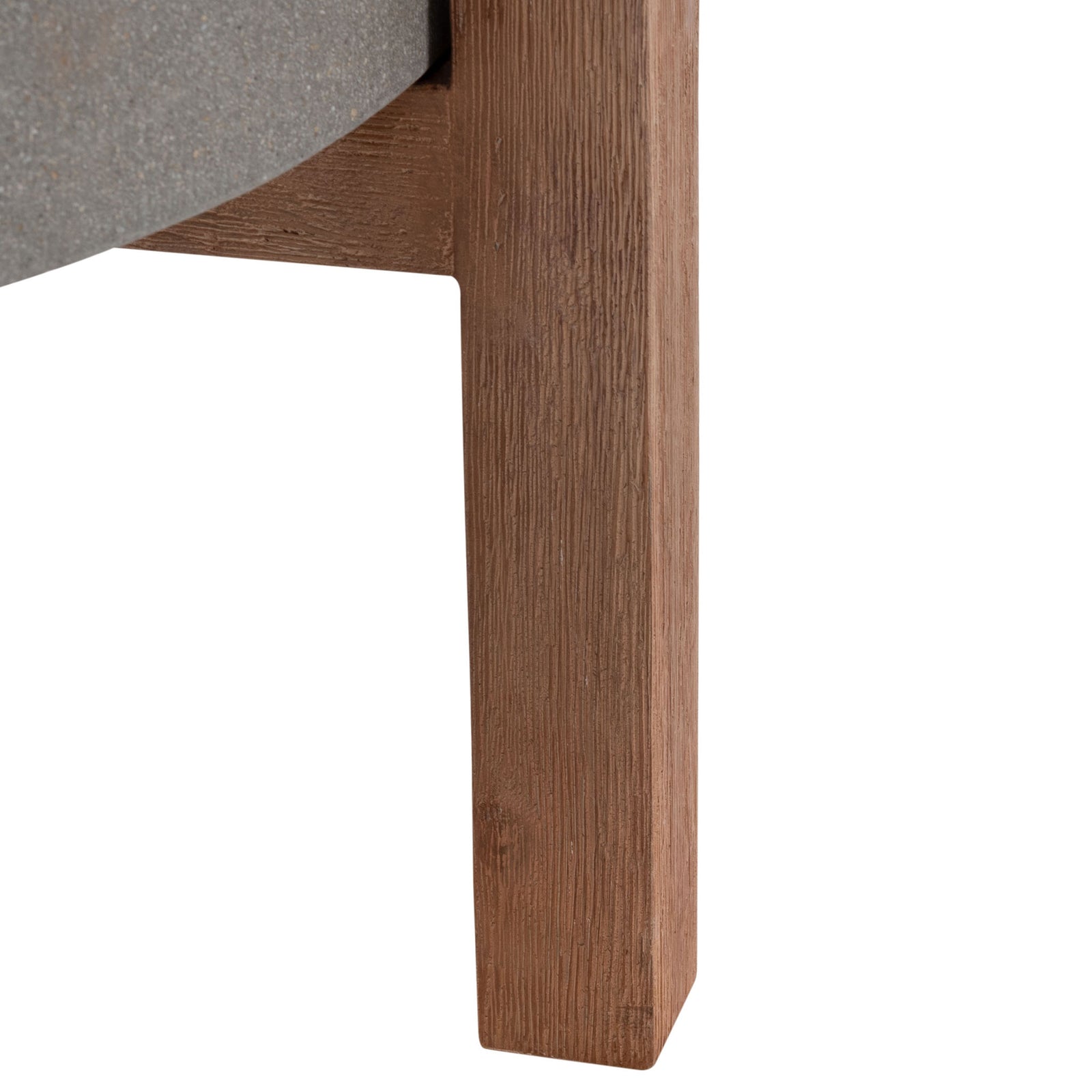A wood-grain leg meets a sturdy angled brace beneath the gray cylindrical pot. || PAT1515B || leg_studio
