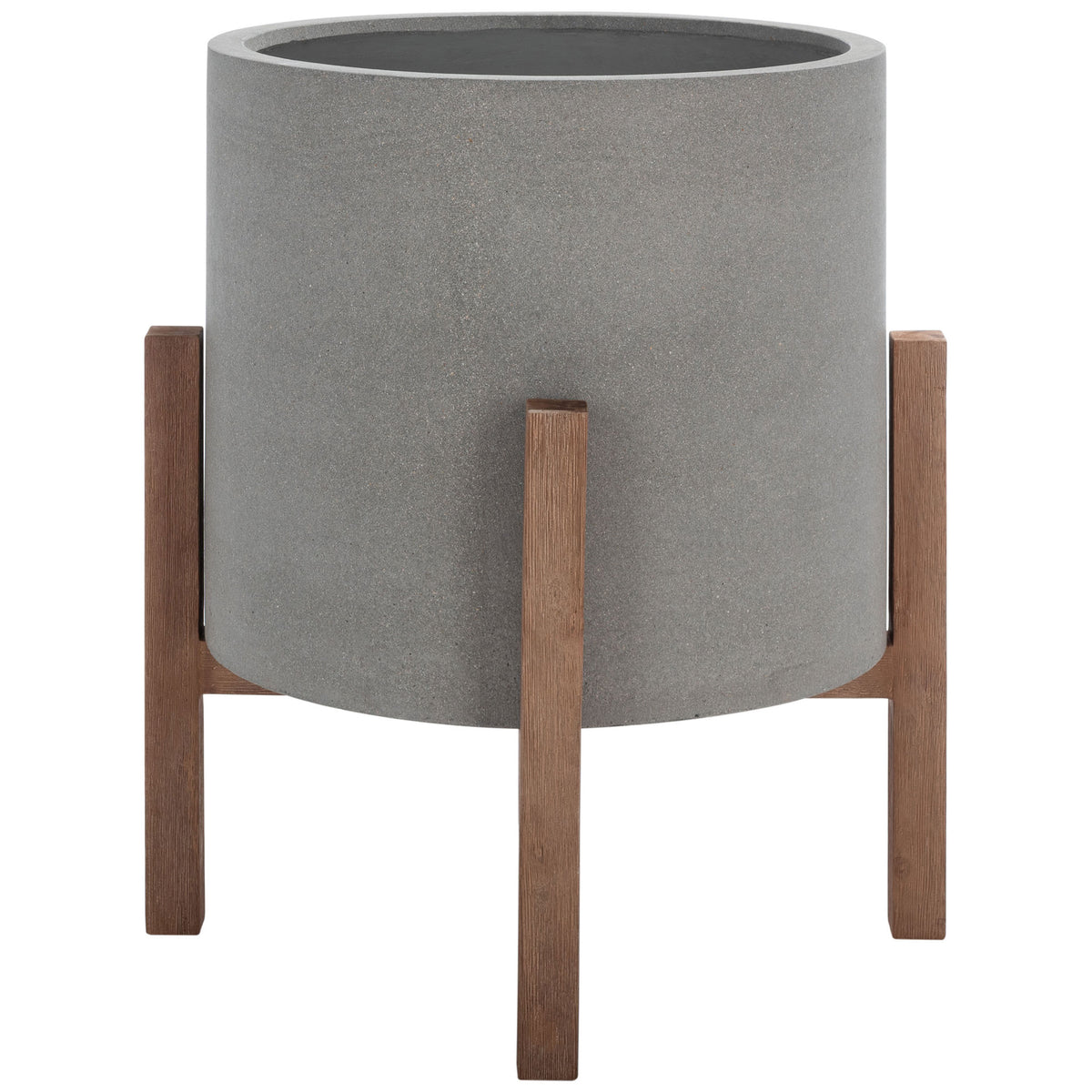 A wide gray pot balances over crossed wood-grain supports on a raised stand. || PAT1515B || side_studio