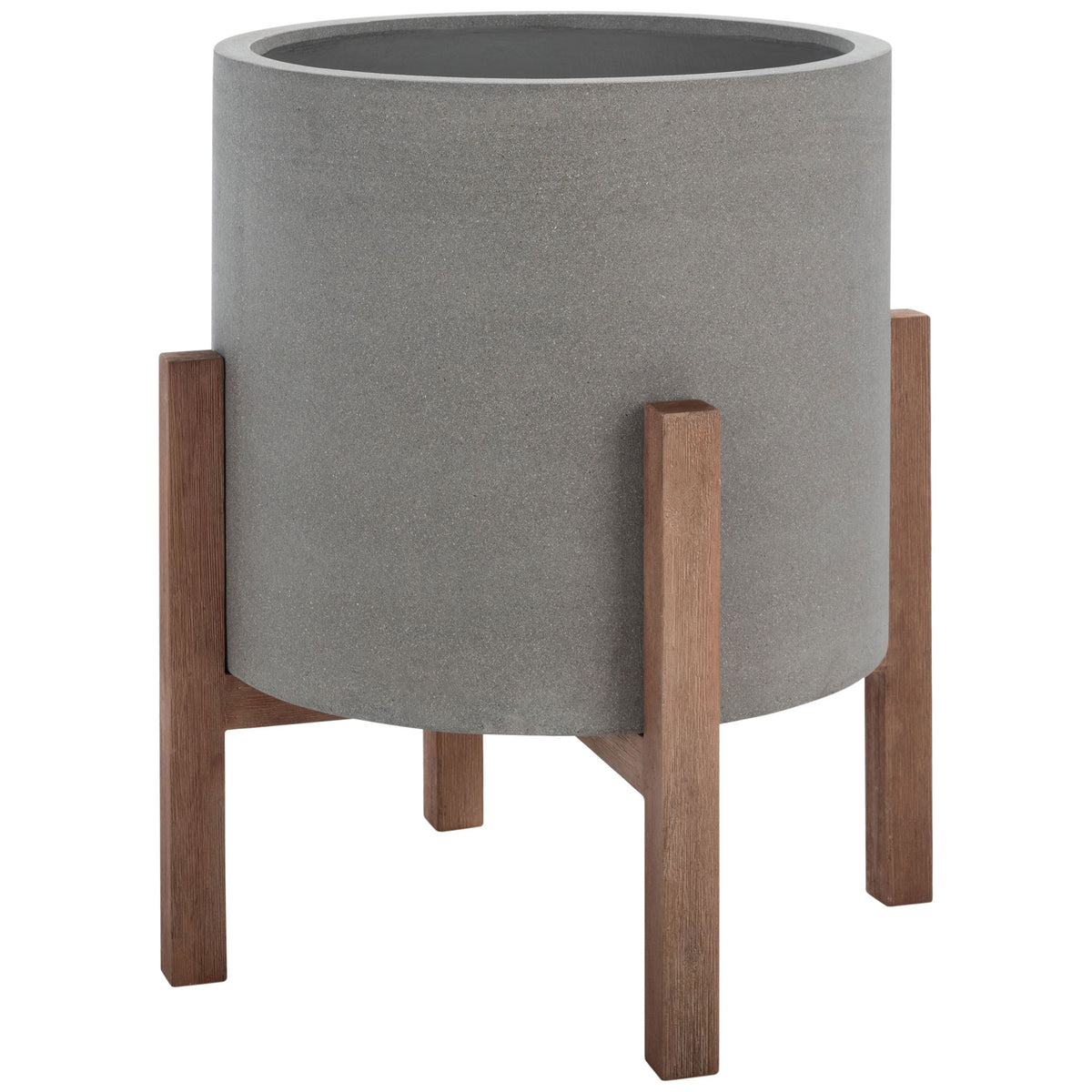 A soft gray cylindrical planter is lifted by an open, four-legged wood-grain frame. || PAT1515B || side_studio