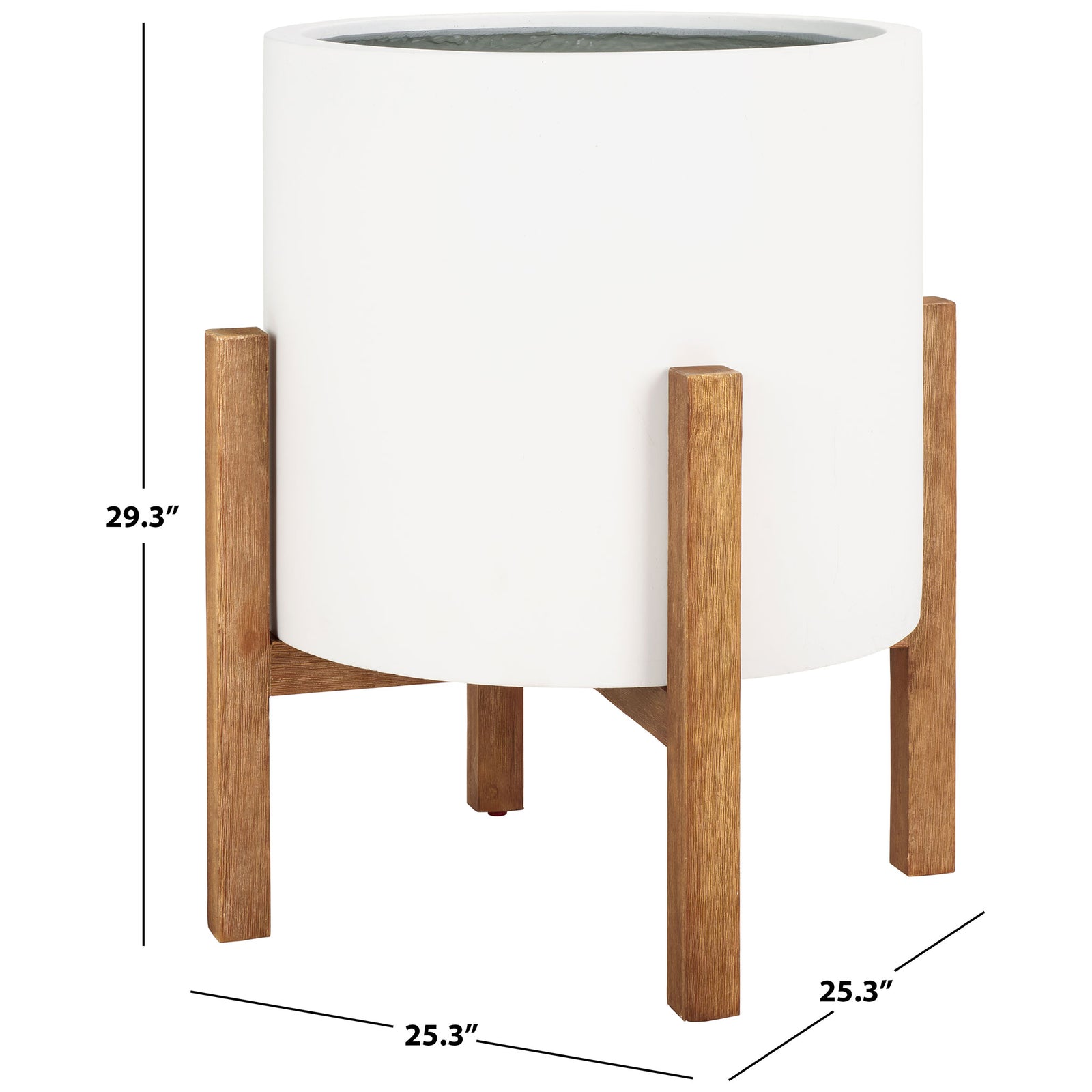 The large white planter measures 25.3 inches across and 29.3 inches high on its wood-toned stand. || PAT1515C || dimension_studio