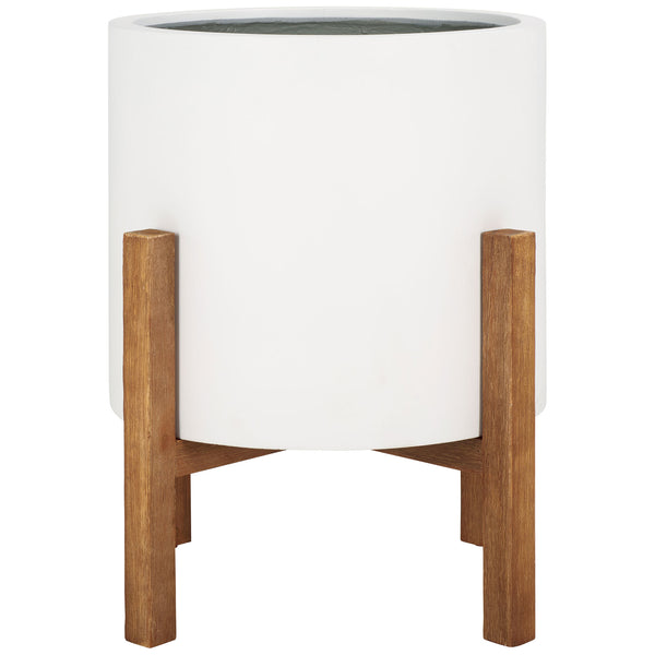 A spacious white cylindrical planter is elevated on a warm wood-grain stand. || PAT1515C || front_studio