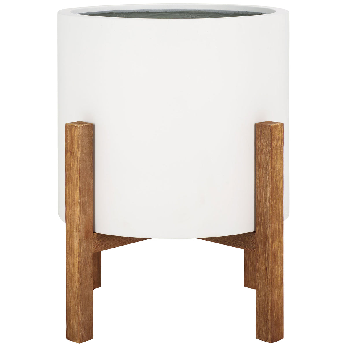 A spacious white cylindrical planter is elevated on a warm wood-grain stand. || PAT1515C || front_studio