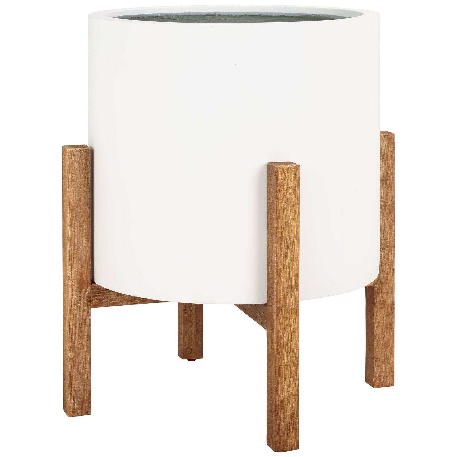 A white vessel rises above an open wood-grain frame with sturdy legs. || PAT1515C || side_studio