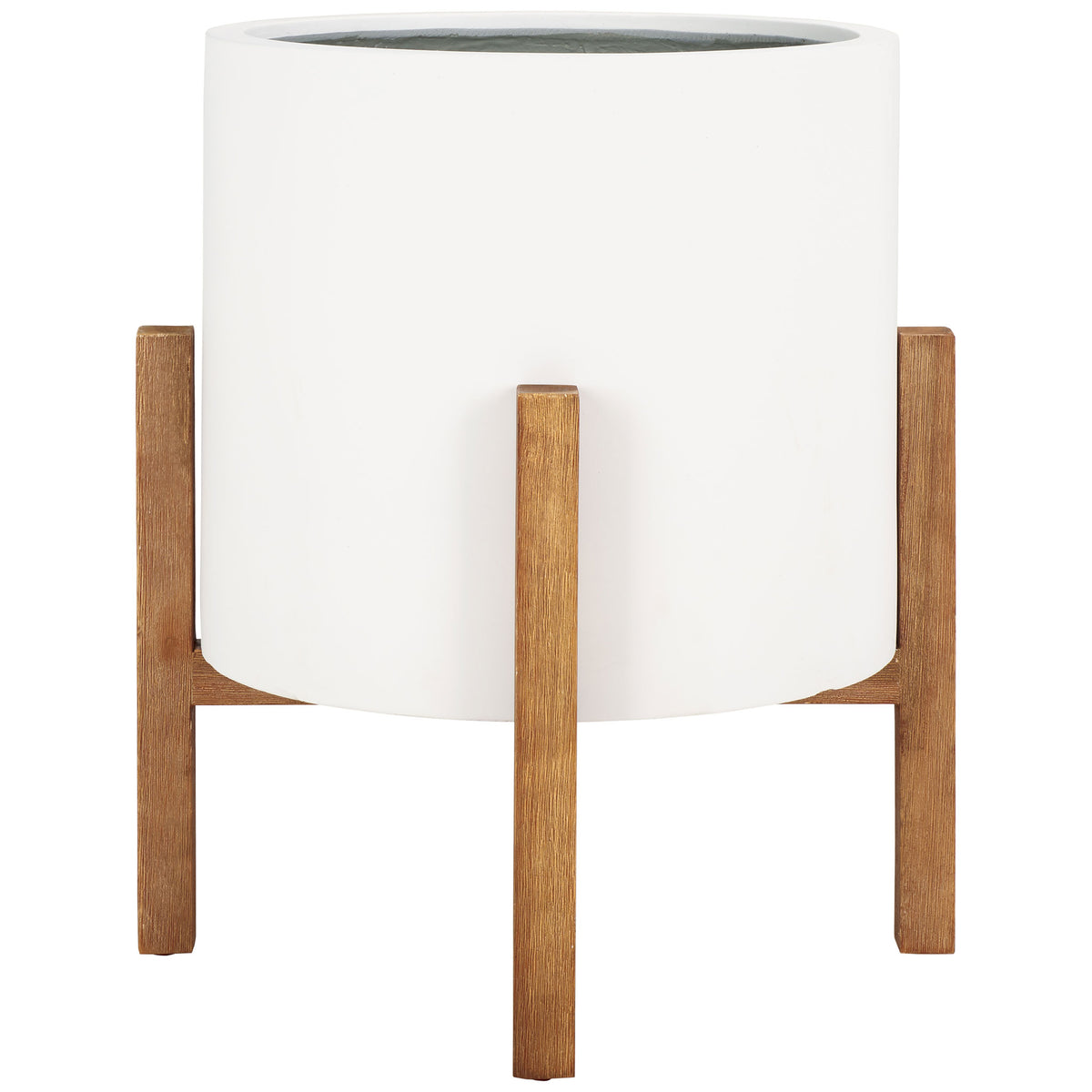 A clean white planter pairs a cylindrical pot with warm wood-grain uprights. || PAT1515C || side_studio