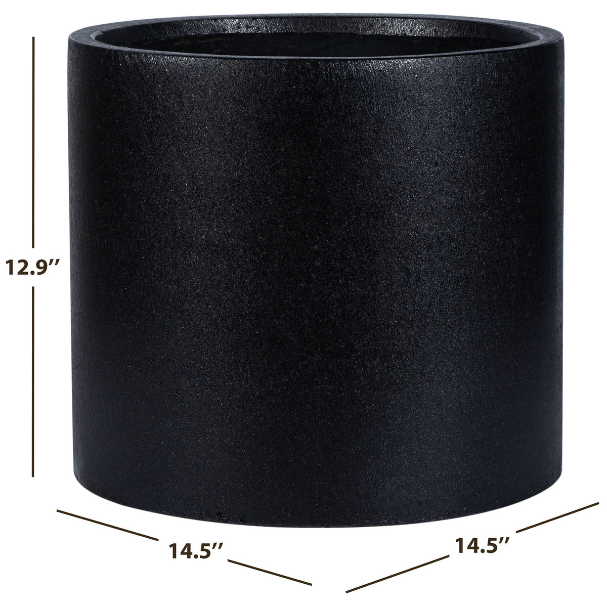 The black planter measures 14.5 inches across and 12.9 inches tall