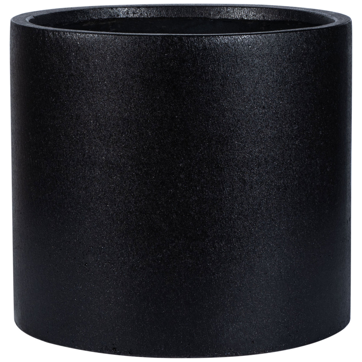 A cylindrical black planter balances a wide, open rim with a lightly textured finish || PAT1516A || front_angle_studio