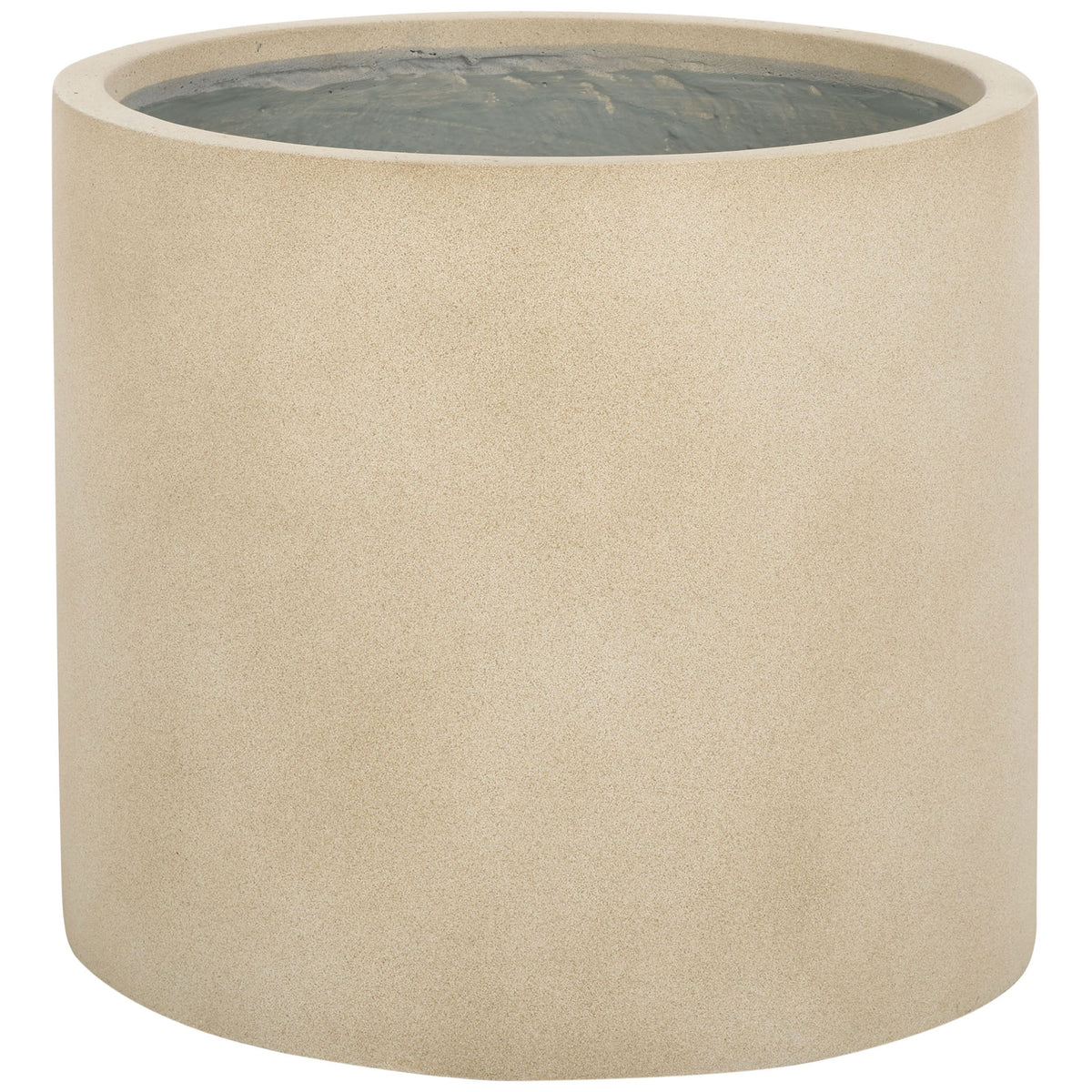 A wide rim tops the beige cylindrical planter's finely textured, stone-look surface || PAT1516B || front_angle_studio