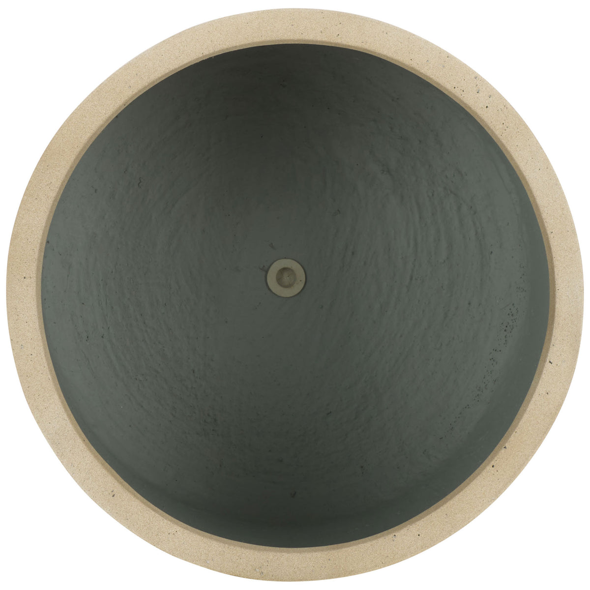 A rounded beige rim frames the planter's gray interior and central drainage opening || PAT1516B || top_studio