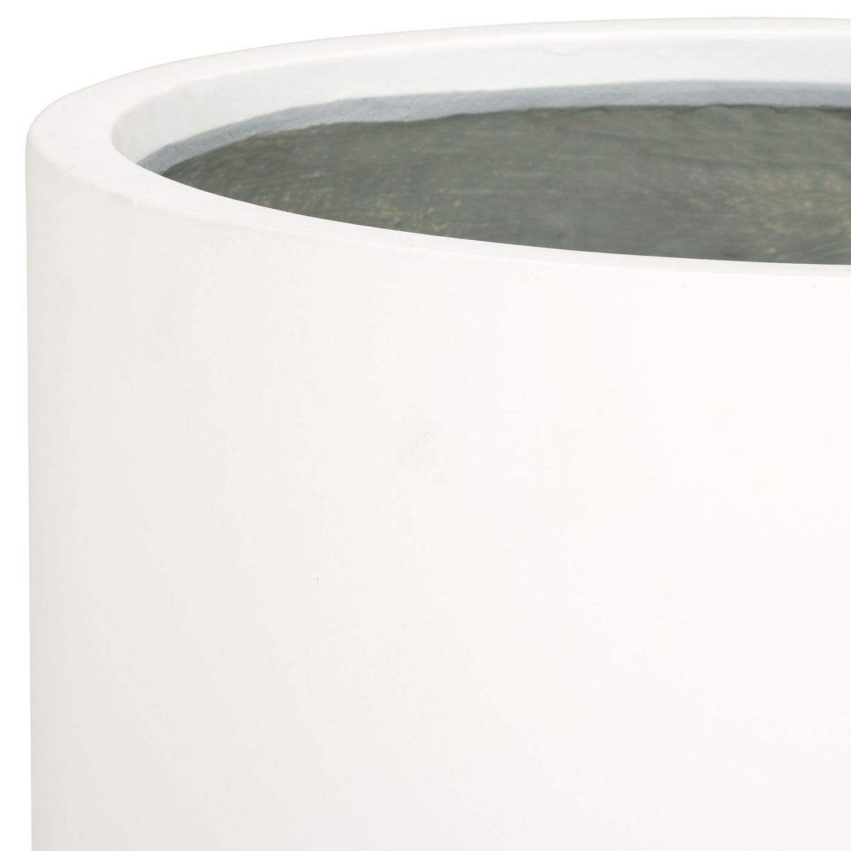 A rounded white rim meets the planter's softly textured gray interior