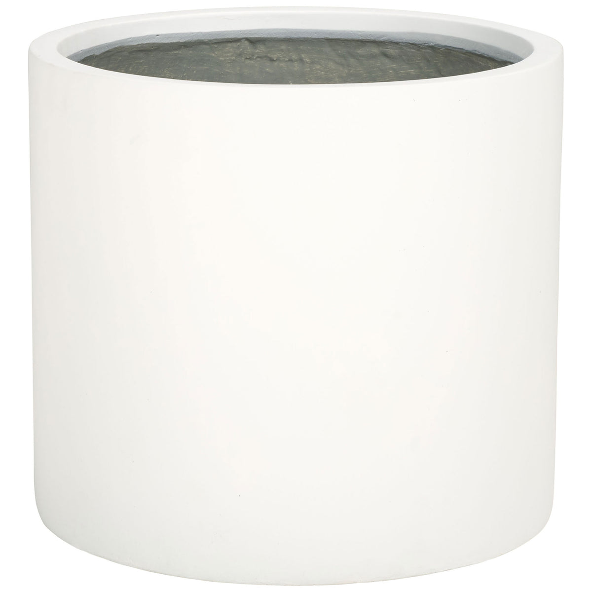 A white cylindrical planter pairs a broad, rounded rim with a clean, smooth profile || PAT1516C || front_angle_studio