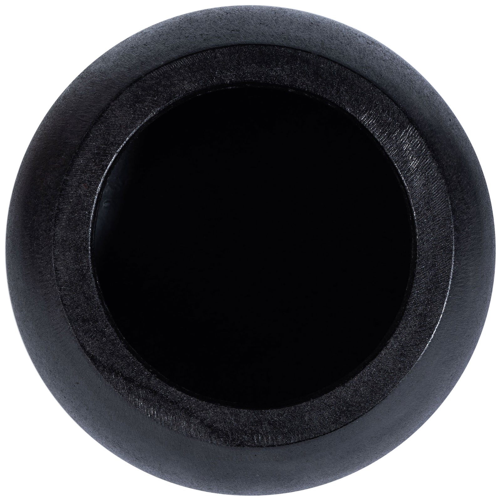 A dark, circular planting cavity sits inside the black planter's substantial rim. || PAT1518A || top_studio