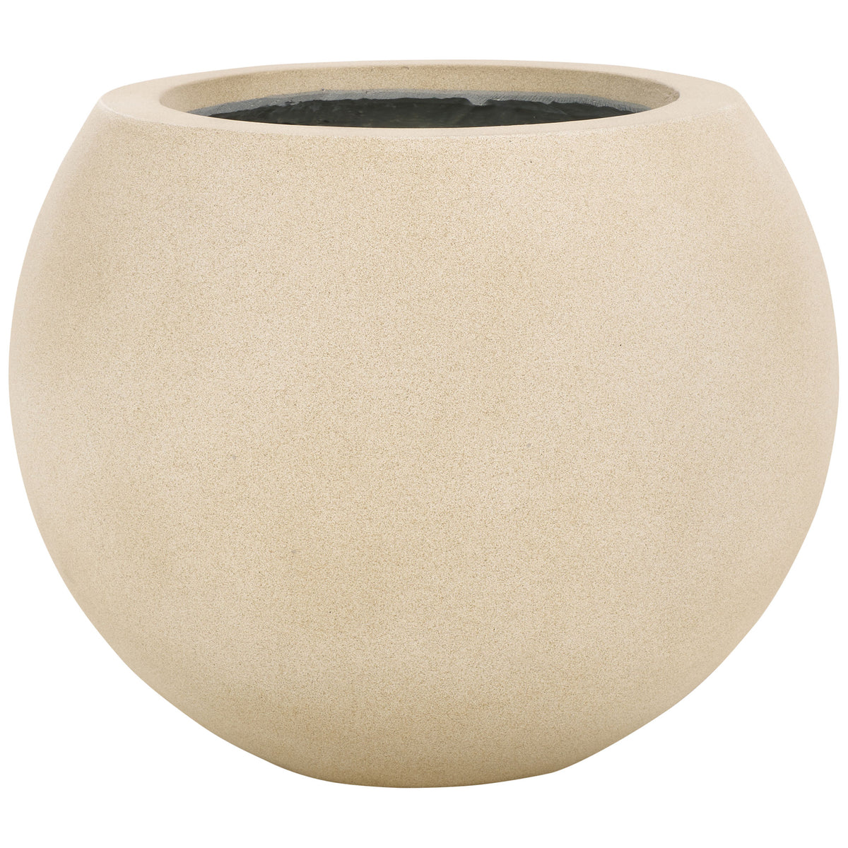 Warm beige orb planter blends a sandy stone-look finish with a broad, rounded opening. || PAT1518B || front_studio