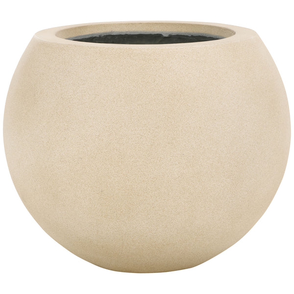 Warm beige orb planter blends a sandy stone-look finish with a broad, rounded opening. || PAT1518B || front_studio