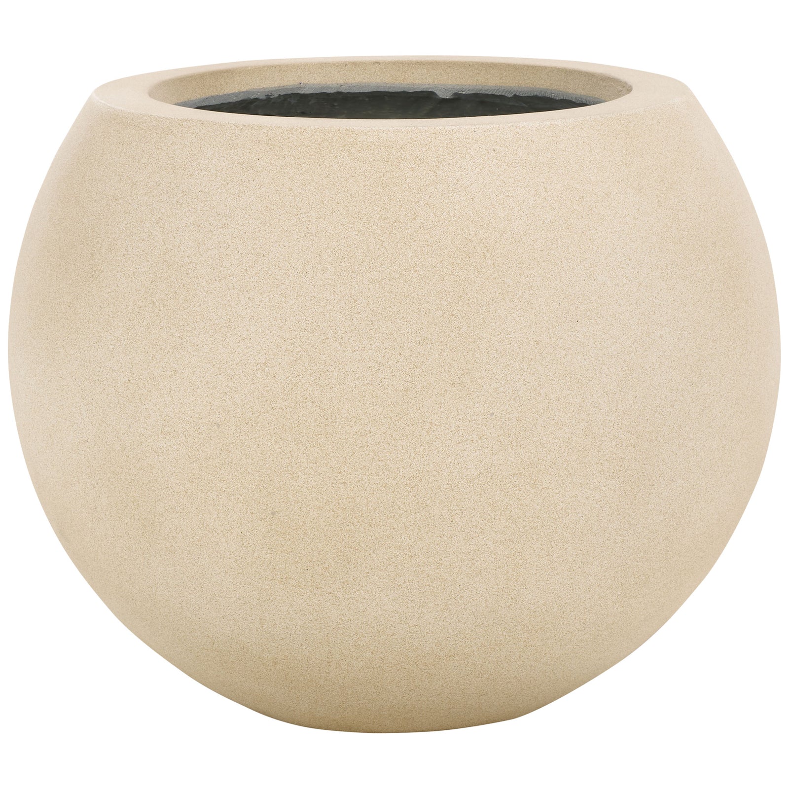 Warm beige orb planter blends a sandy stone-look finish with a broad, rounded opening. || PAT1518B || front_studio