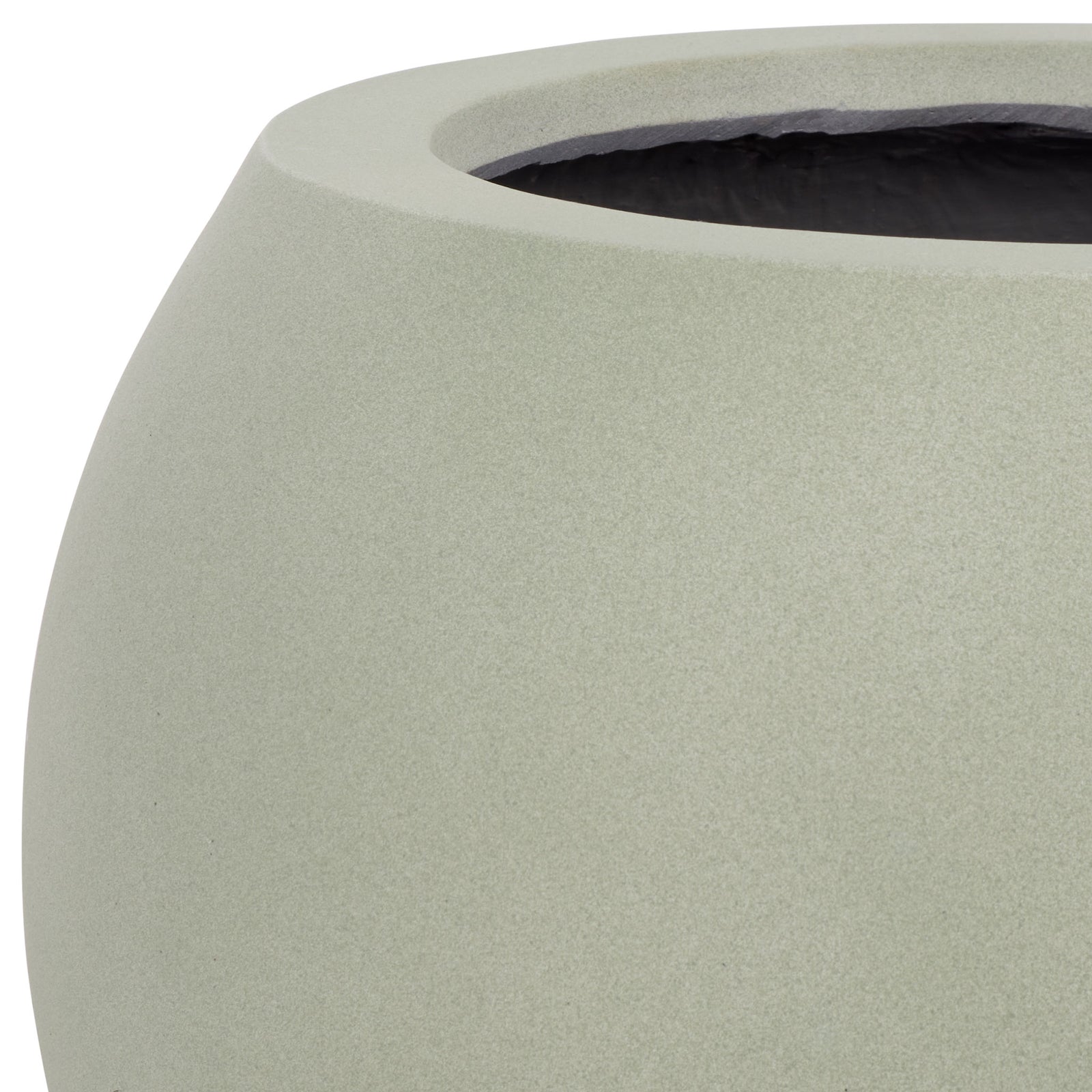 A wide sage rim borders the dark planting interior above a finely textured curved wall. || PAT1518E || detail_studio