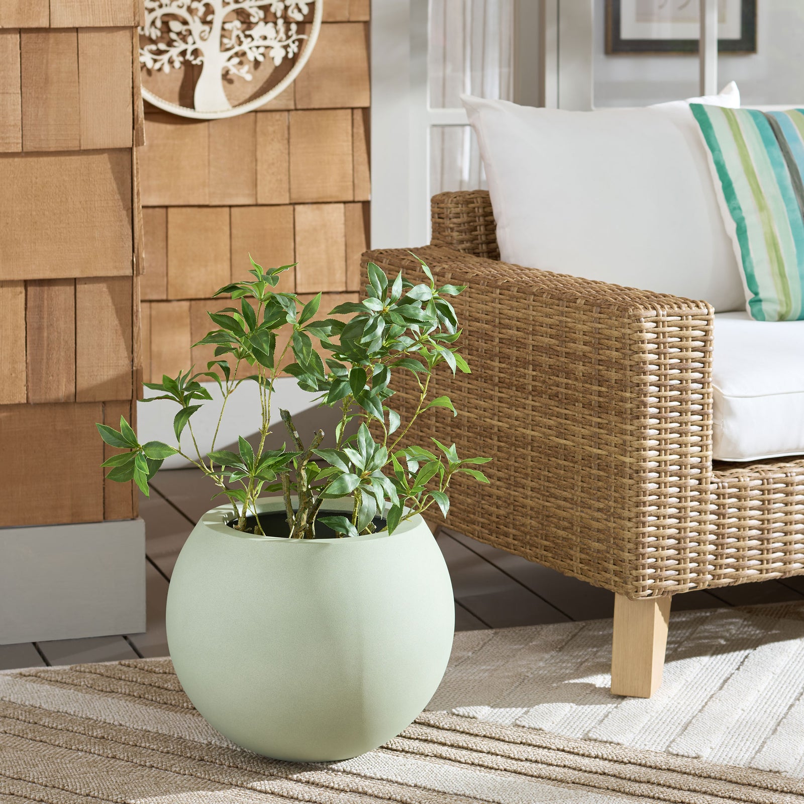 A pale sage orb planter displays leafy greenery beside woven seating. || PAT1518E || front_room