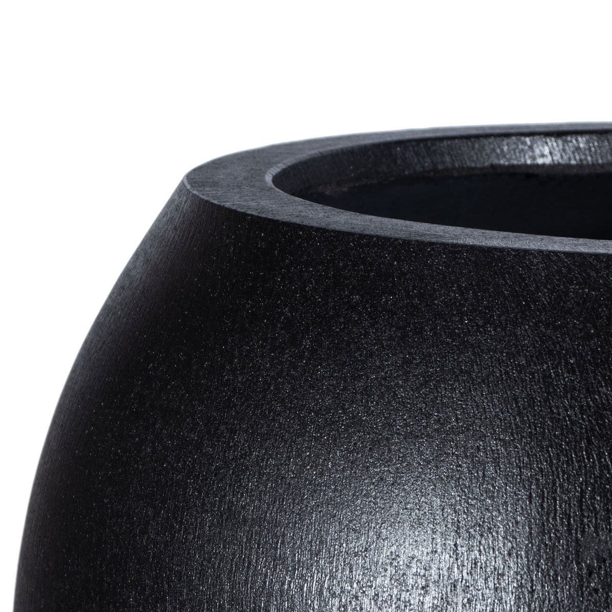 A broad black lip surrounds the opening, contrasting with the planter's subtle surface sheen.