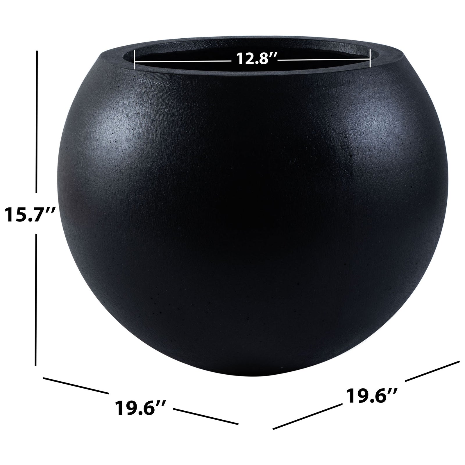 Large black planter measures 19.6 inches wide and 15.7 inches high, with a 12.8-inch opening. || PAT1519A || dimension_studio