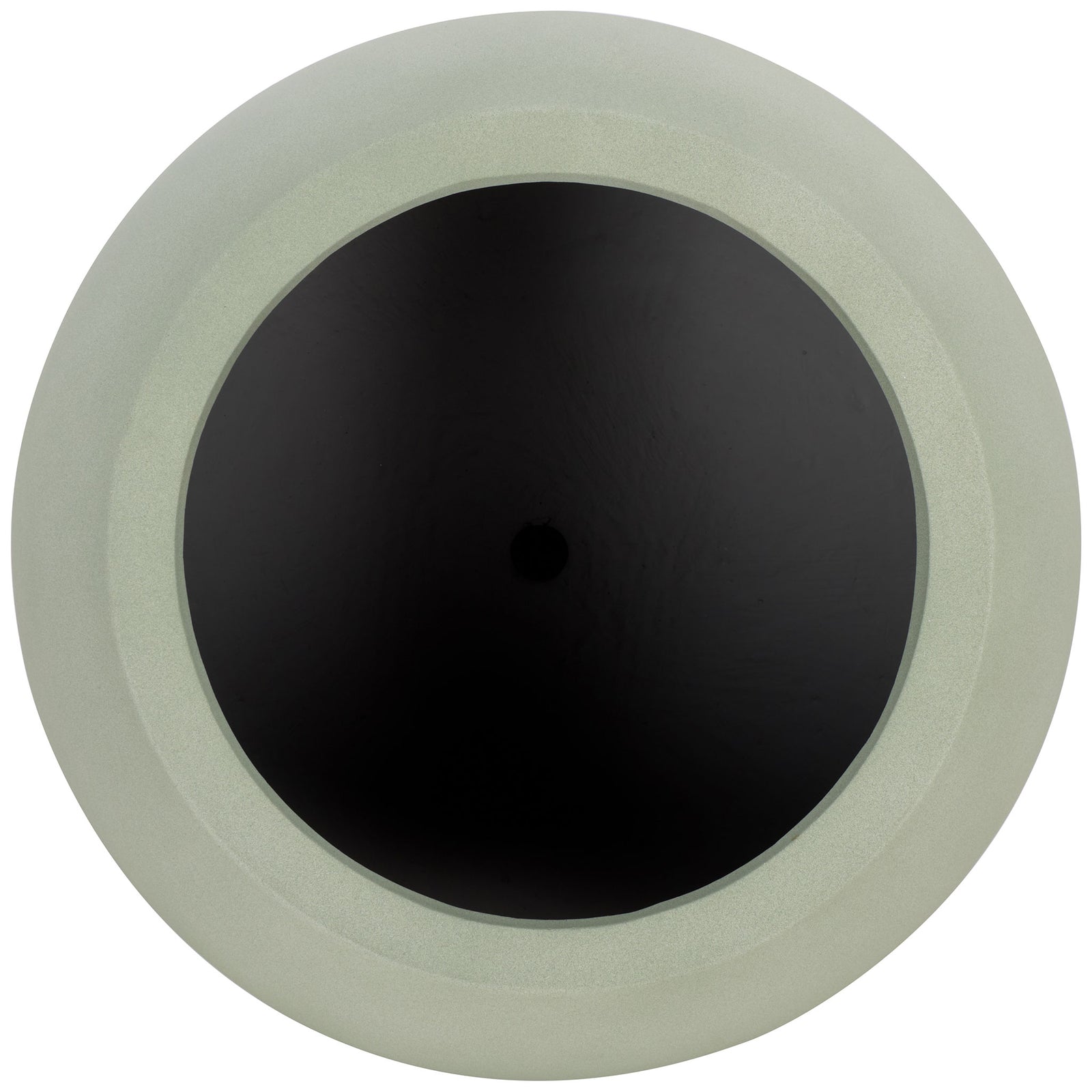 A wide sage rim encircles a dark interior with a small drainage opening at the center. || PAT1519E || top_studio