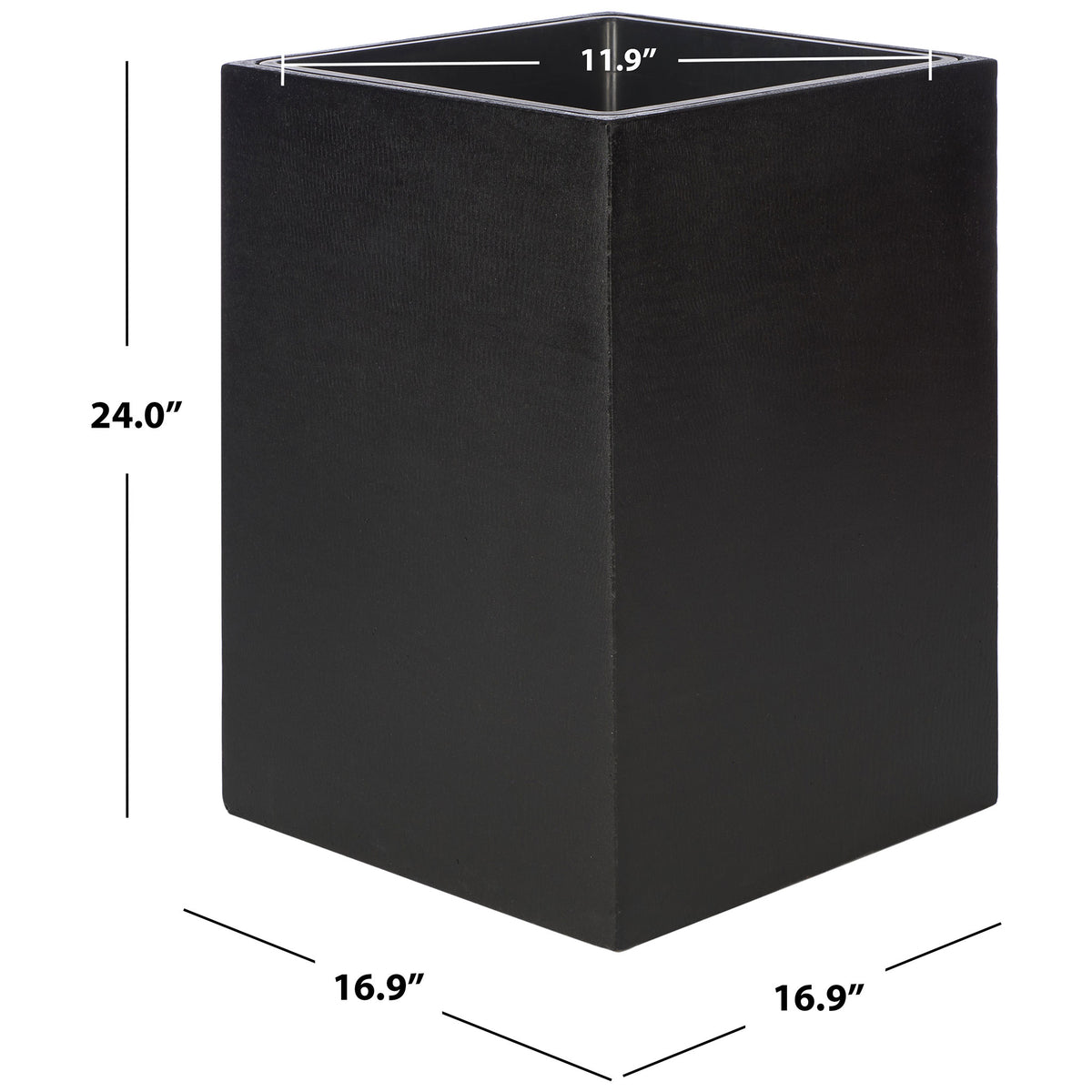 A square black planter measures 16.9 inches on each side and 24 inches high, with an 11.9-inch opening. || PAT1521A || dimension_studio