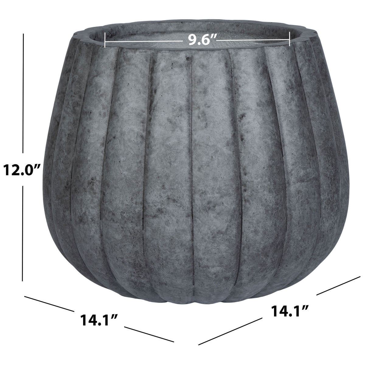 Fluted gray planter measures 14.1 inches across and 12 inches high, with a 9.6-inch opening
