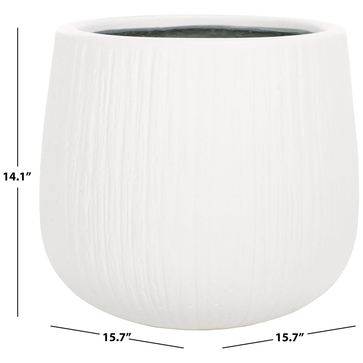 This rounded white planter measures 15.7 inches across and 14.1 inches high