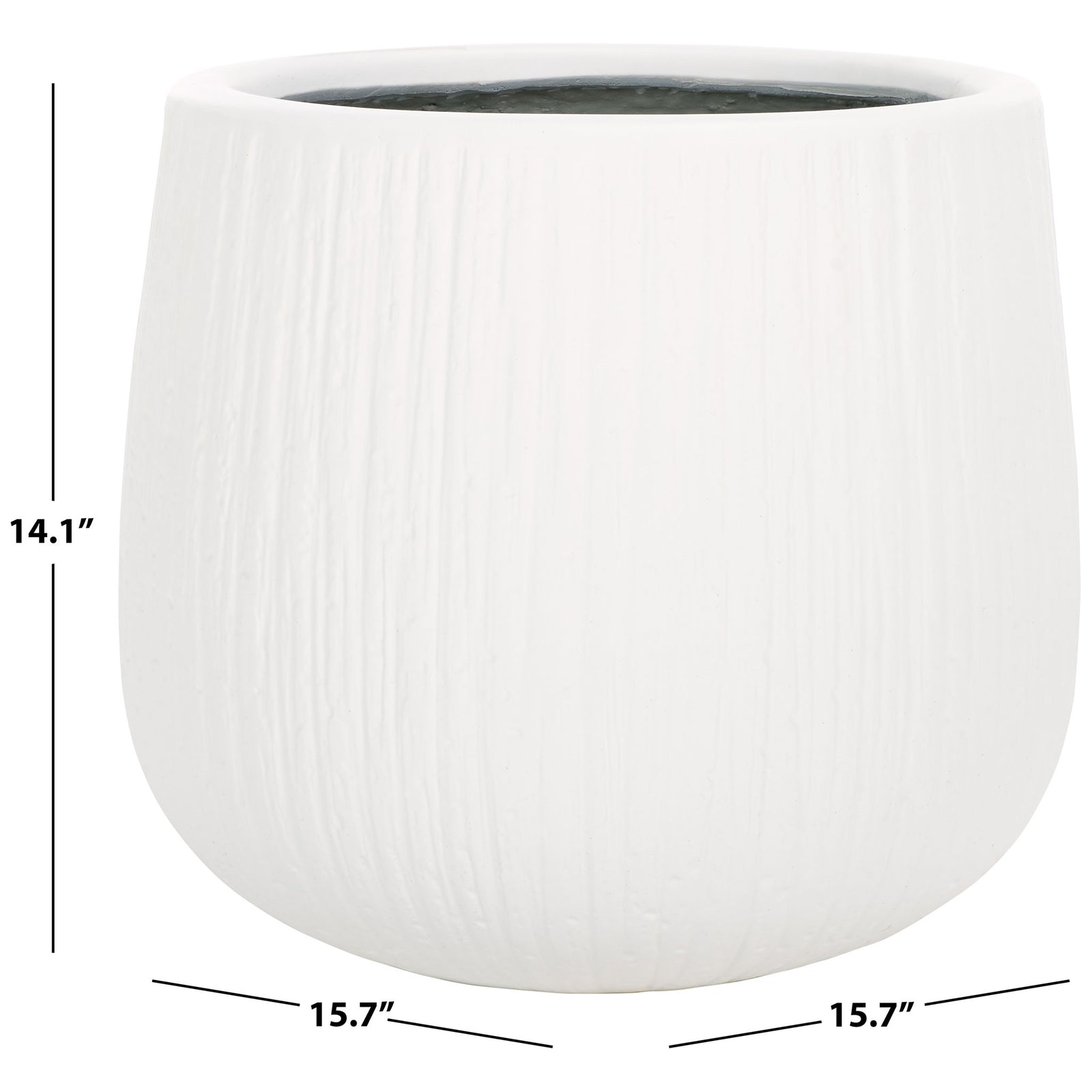This rounded white planter measures 15.7 inches across and 14.1 inches high || PAT1523C || dimension_studio