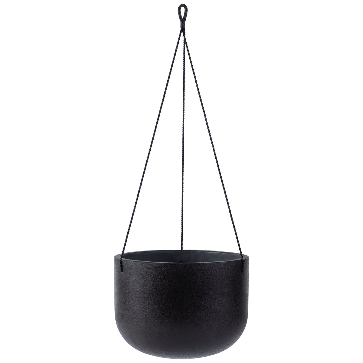 A rounded black planter hangs from three slim, dark braided cords. || PAT1527A || front_studio
