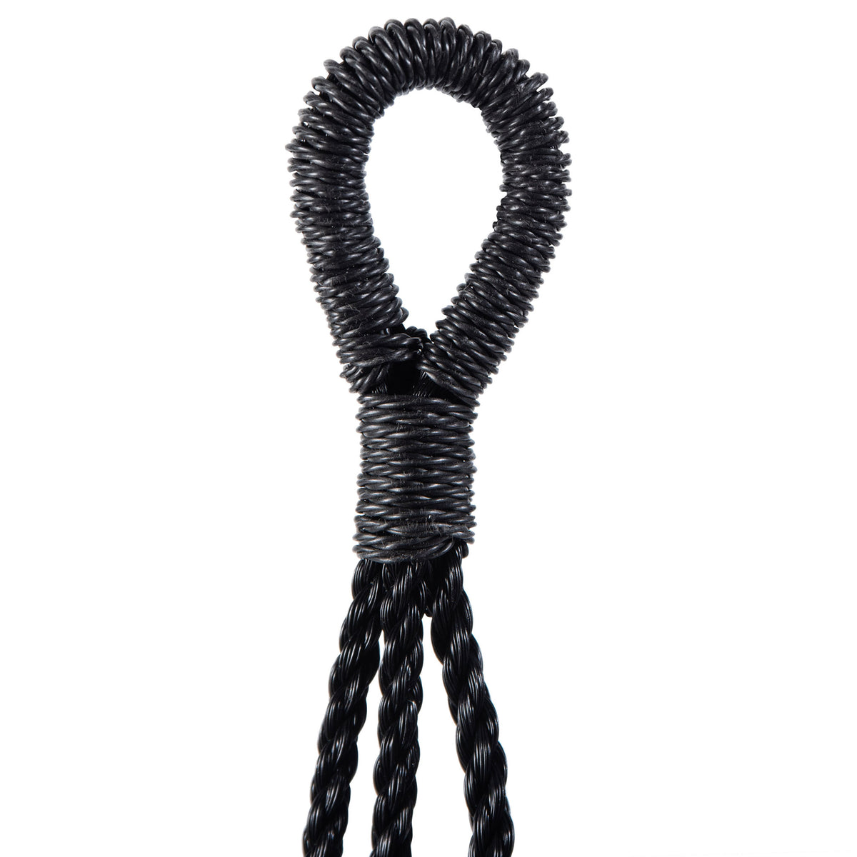 A wrapped black hanging loop connects the planter's twisted suspension ropes.