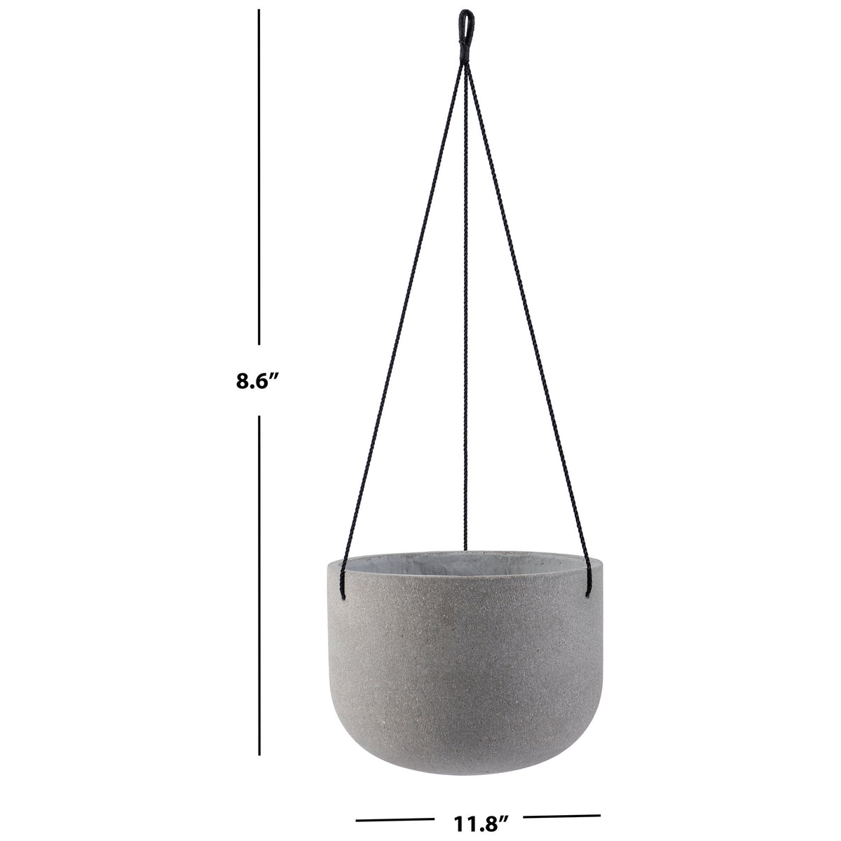 The light gray hanging bowl measures 11.8 inches wide and 8.6 inches high. || PAT1527B || dimension_studio