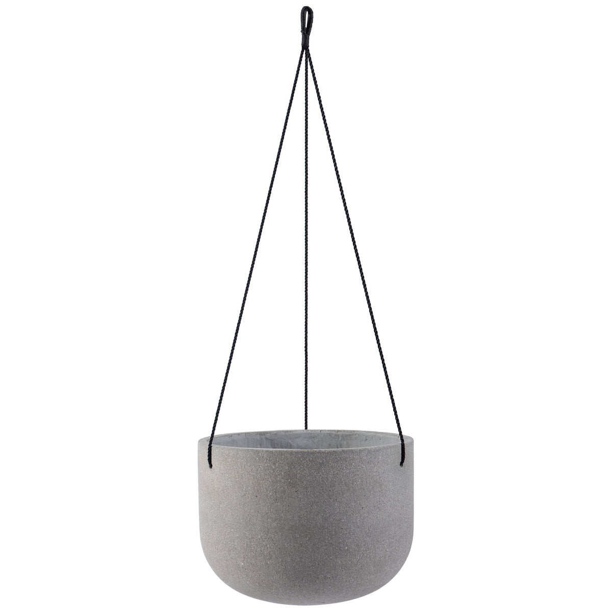 A light gray bowl-shaped planter hangs from three slim black cords. || PAT1527B || front_studio