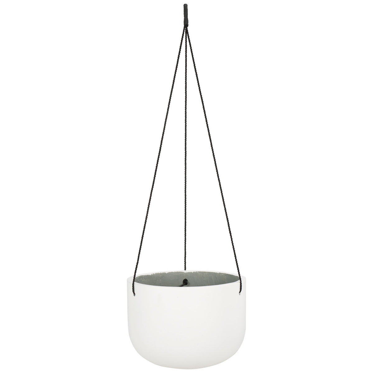 A smooth white bowl planter hangs from dark cords with a loop at the top. || PAT1527C || front_studio