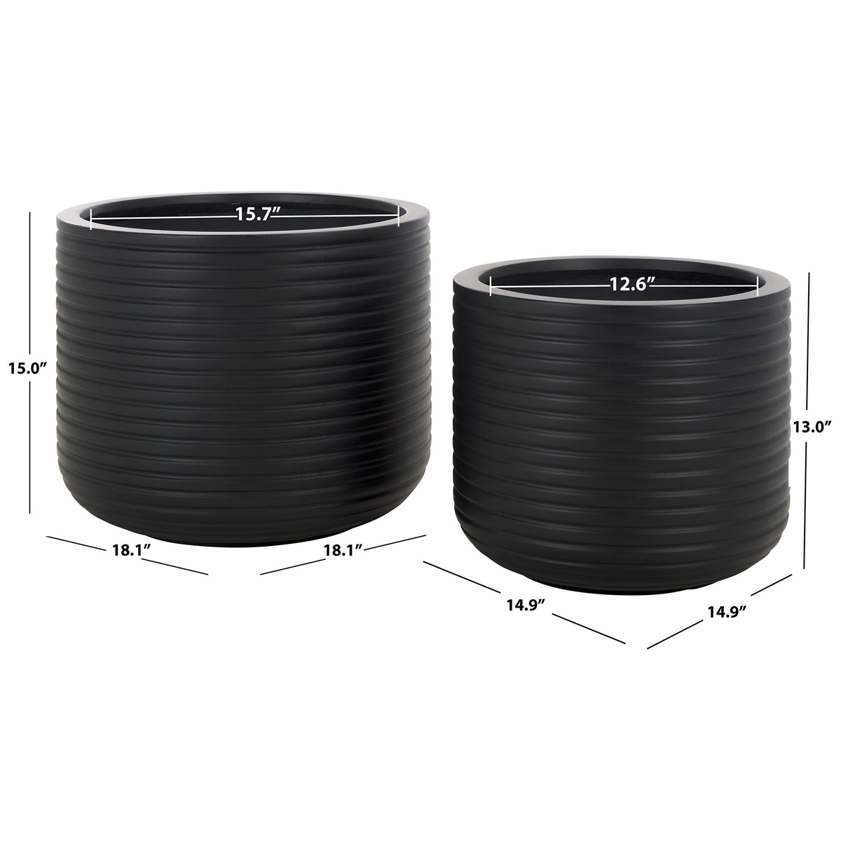 Two black ribbed planters measure 18.1 and 14.9 inches wide, with openings sized for greenery || PAT1530A-SET2 || dimension_studio