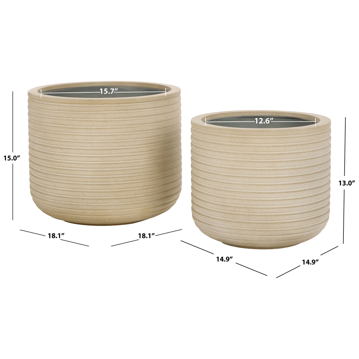 Two beige ribbed planters measure 18.1 and 14.9 inches wide, with spacious planting openings || PAT1530B-SET2 || dimension_studio