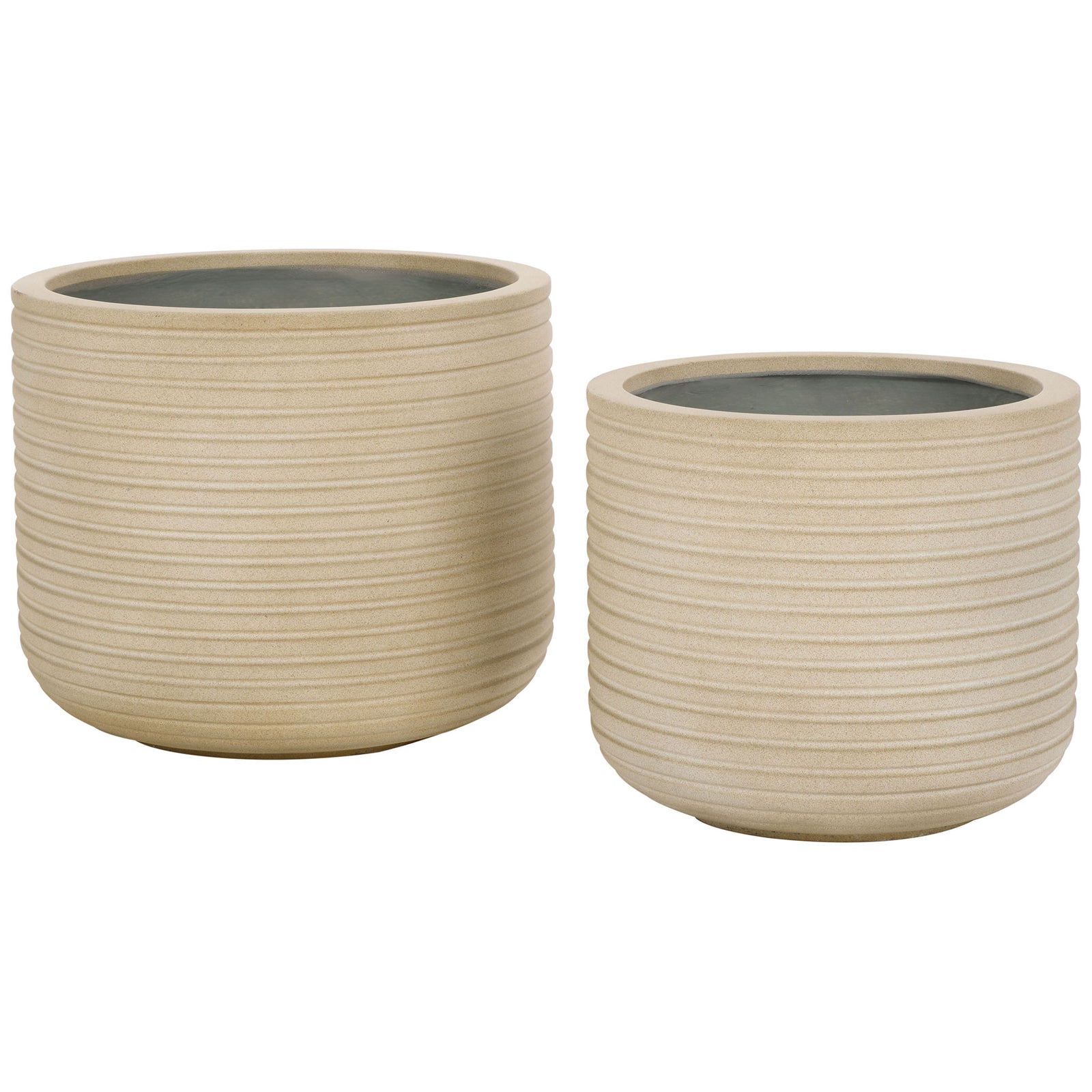 A pair of beige planters in two sizes features fine horizontal ribbing and softly rounded bases || PAT1530B-SET2 || front_studio
