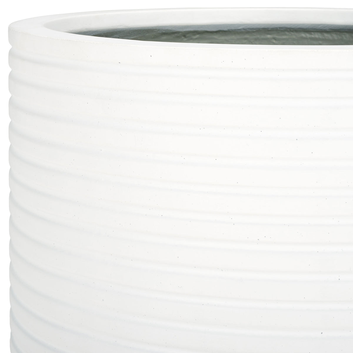 A crisp white rim tops softly raised horizontal ribs and a contrasting gray interior