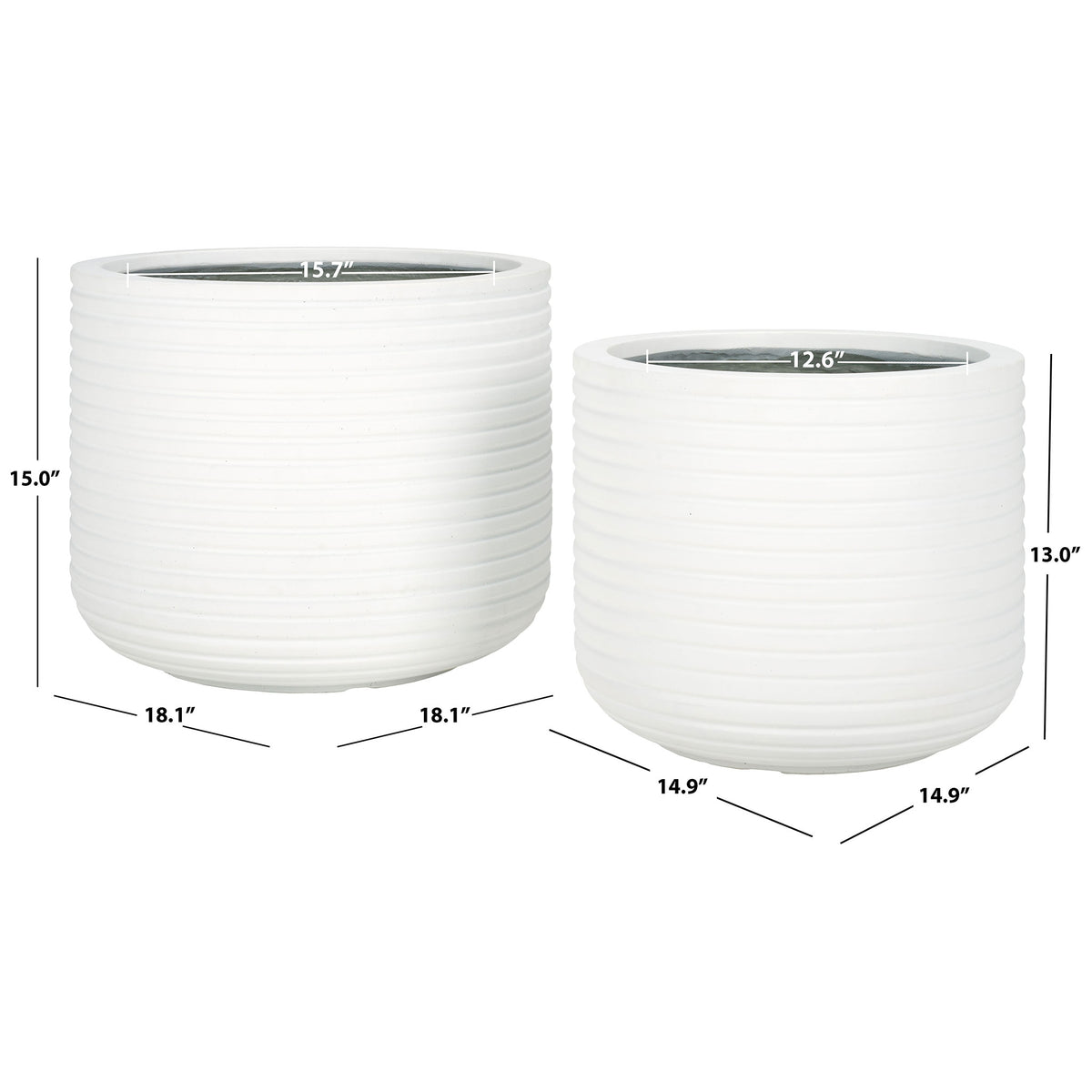 Two white ribbed planters measure 18.1 and 14.9 inches wide and 15 and 13 inches tall, respectively || PAT1530C-SET2 || dimension_studio
