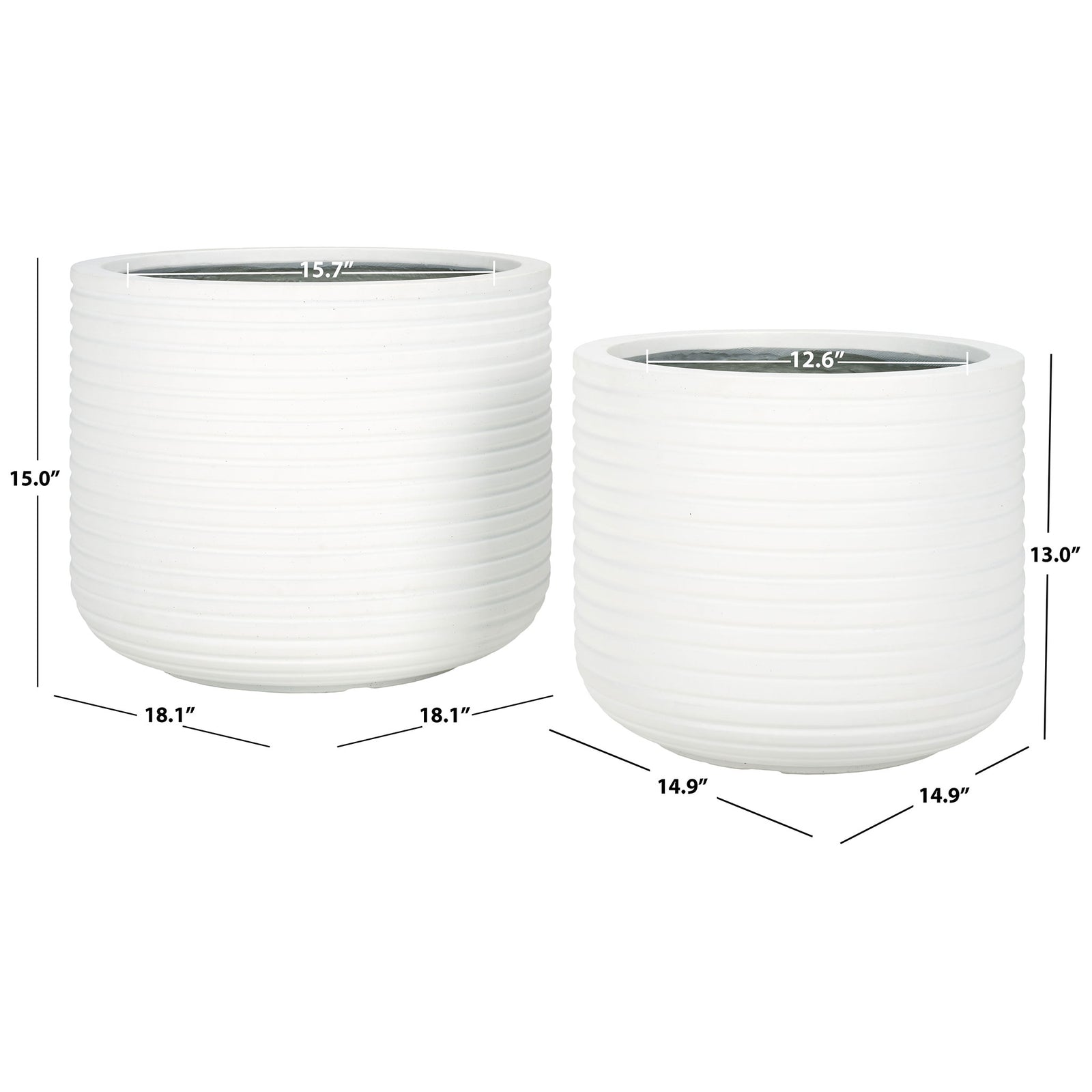 Two white ribbed planters measure 18.1 and 14.9 inches wide and 15 and 13 inches tall, respectively || PAT1530C-SET2 || dimension_studio