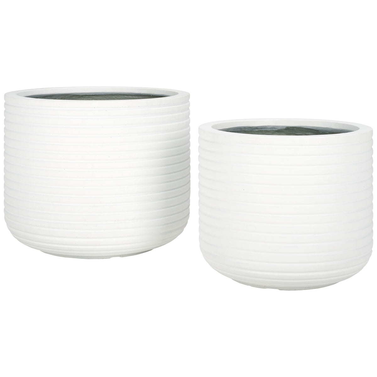 Two white planters in complementary sizes feature clean horizontal lines and rounded bases || PAT1530C-SET2 || front_studio