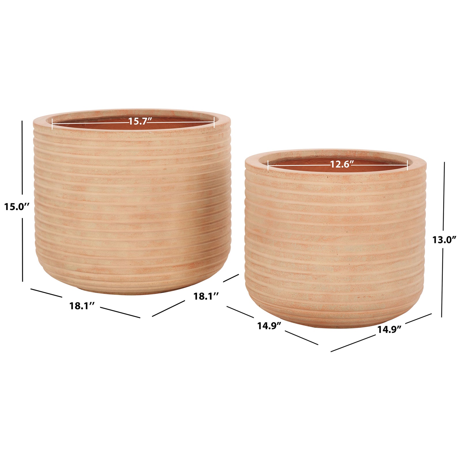 A terracotta planter pair spans 18.1 and 14.9 inches wide, with a roomy opening on each pot || PAT1530D-SET2 || dimension_studio